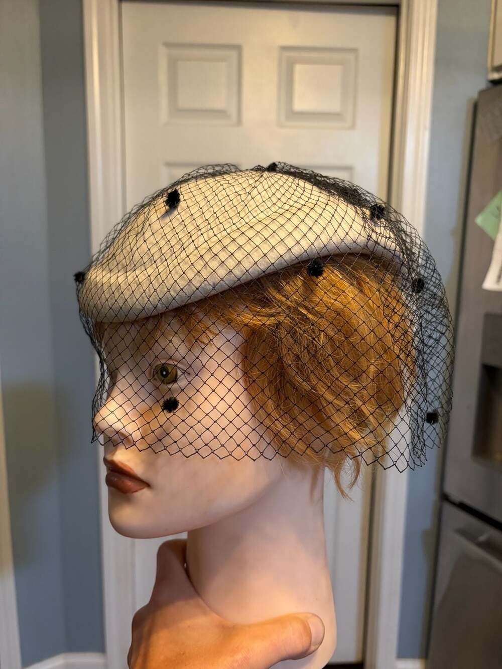 Vintage Wool Pillbox Hat With Black Veil And Bow